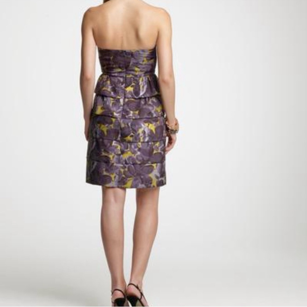 J. CREW 4 Floral Tiered Ruffle Strapless Grey Olive Layered Mini Cocktail Dress - Picture 6 of 14
